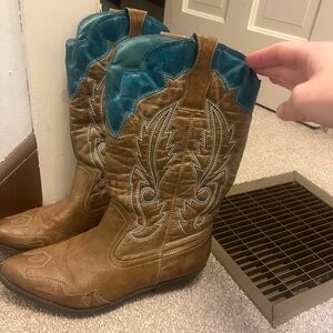 Brown/tan and Teal Faux Leather Cowboy Boots